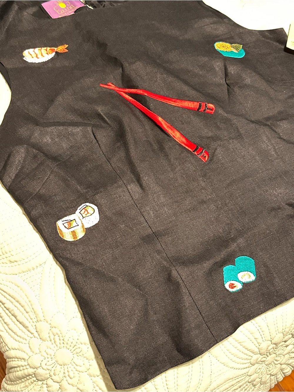 Novelty Sushi Embroidered Black Sleeveless Top — Linen - Picture 3 of 6